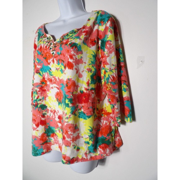 Ruby Rd. Top Shirt Colorful Jewels XXL 2XL Boho V Neck 3/4 Sleeve Boho Artsy - Picture 3 of 10